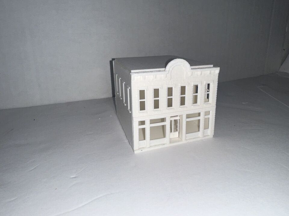 N - Scale Bank / Financial Building White Detailed Model 1:160 Scale Two Story Main Street Classic Town Architecture