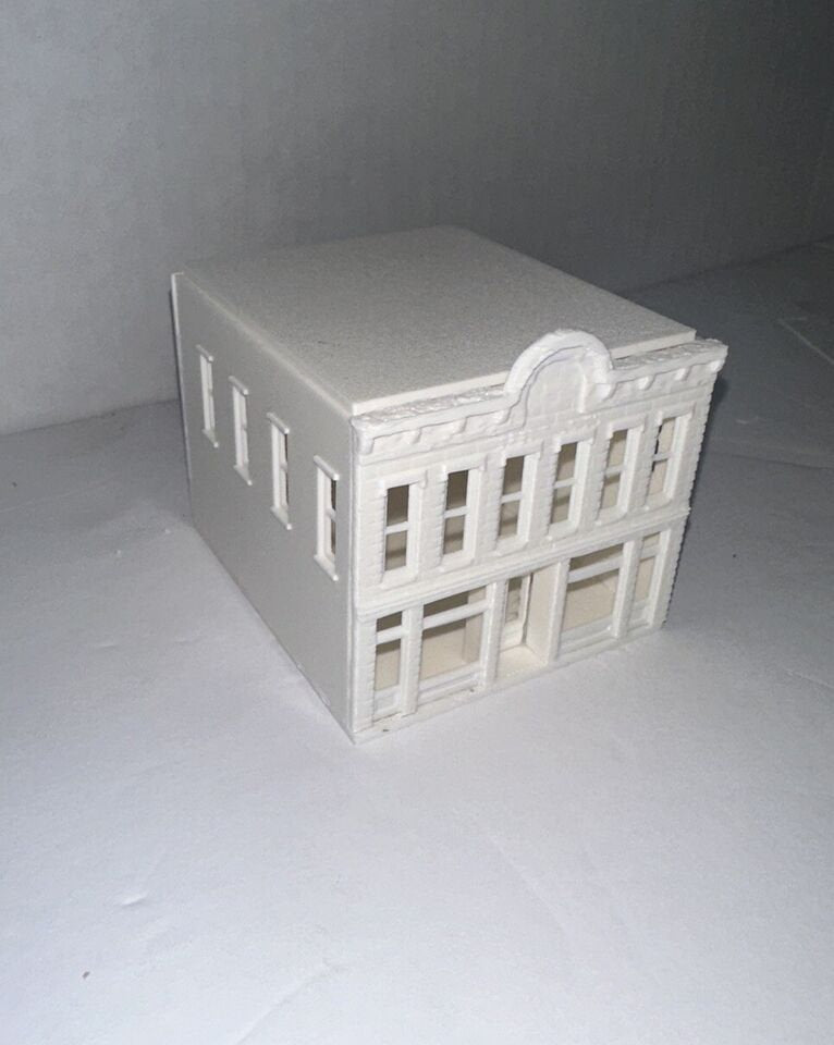 N - Scale Bank / Financial Building White Detailed Model 1:160 Scale Two Story Main Street Classic Town Architecture