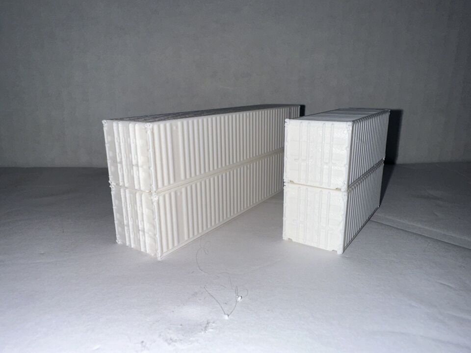 N Scale Shipping Containers (4-Pack) High Detail 3D Model 1:160 White Unpainted 40’ / 20’ Storage Crates