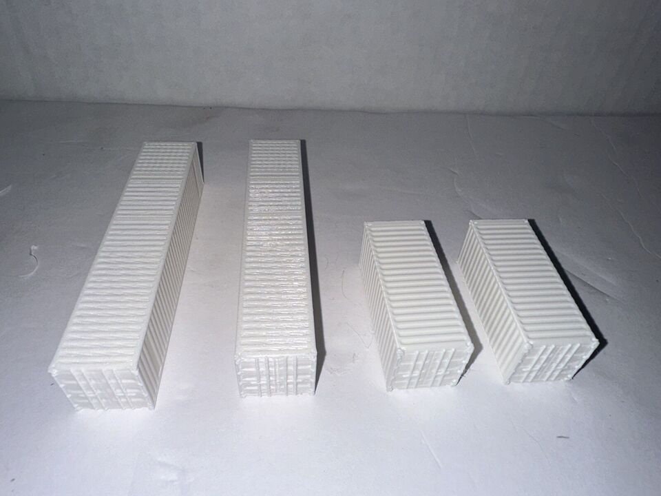 N Scale Shipping Containers (4-Pack) High Detail 3D Model 1:160 White Unpainted 40’ / 20’ Storage Crates