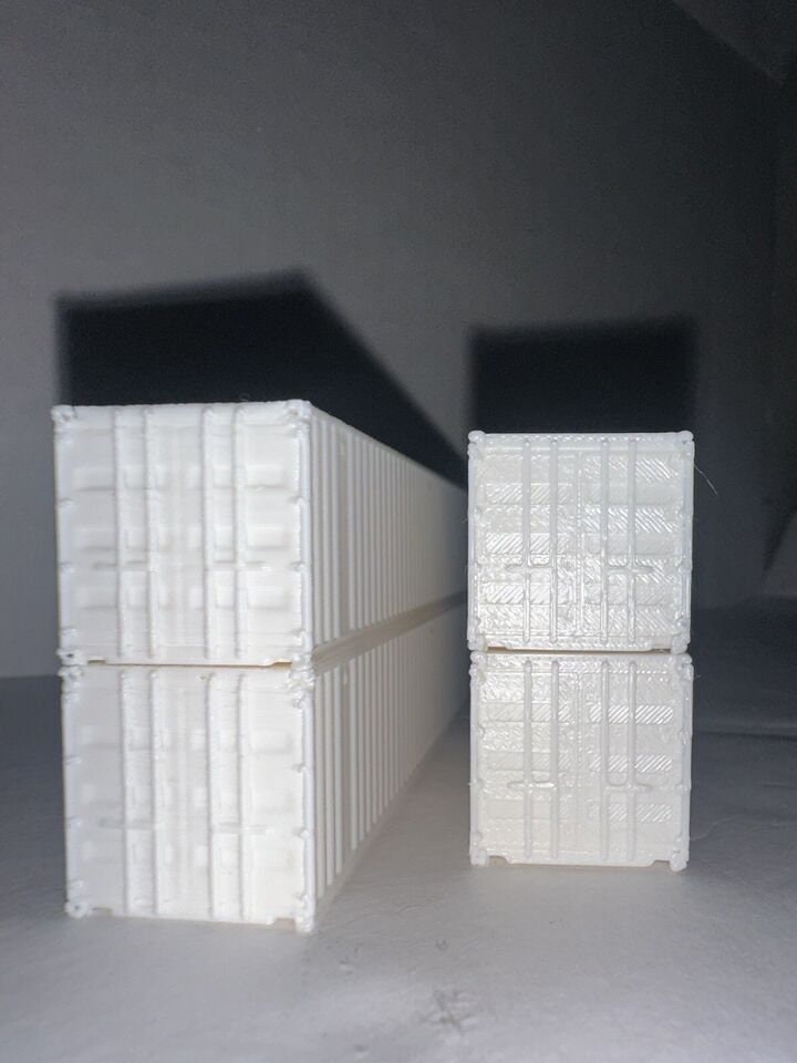 N Scale Shipping Containers (4-Pack) High Detail 3D Model 1:160 White Unpainted 40’ / 20’ Storage Crates