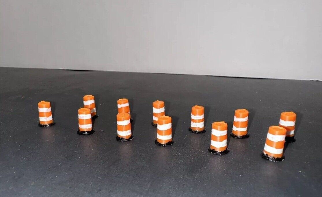 HO Scale Road Construction Barrels (12-Pack) 1:87 Detailed Highway Traffic Safety Cones for Model Railroad Layout