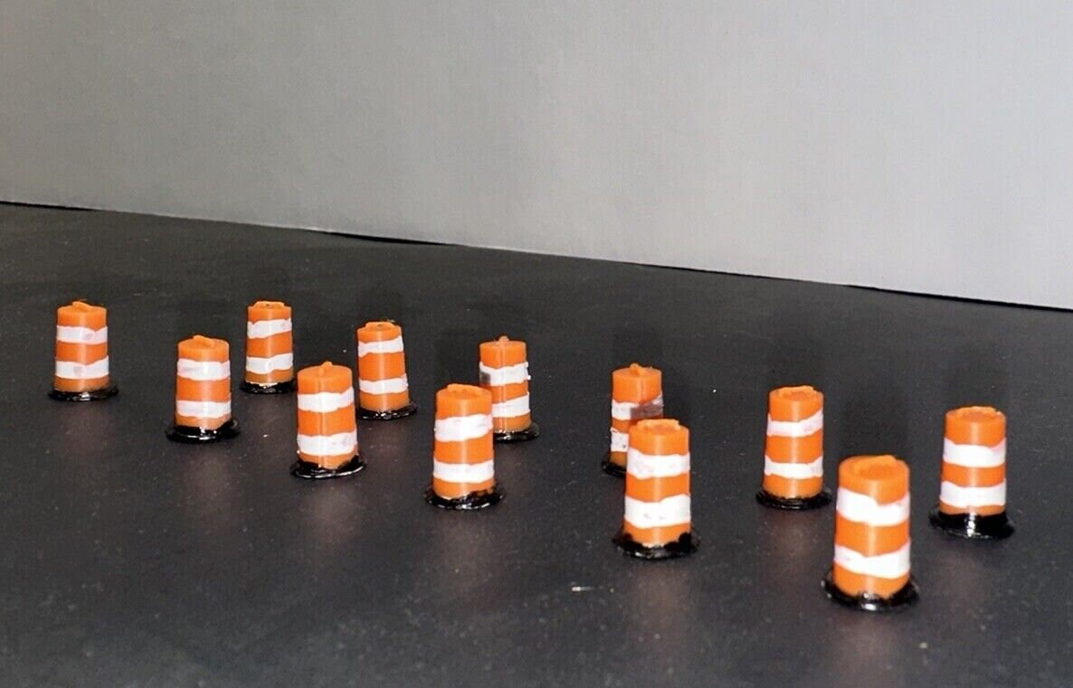 HO Scale Road Construction Barrels (12-Pack) 1:87 Detailed Highway Traffic Safety Cones for Model Railroad Layout